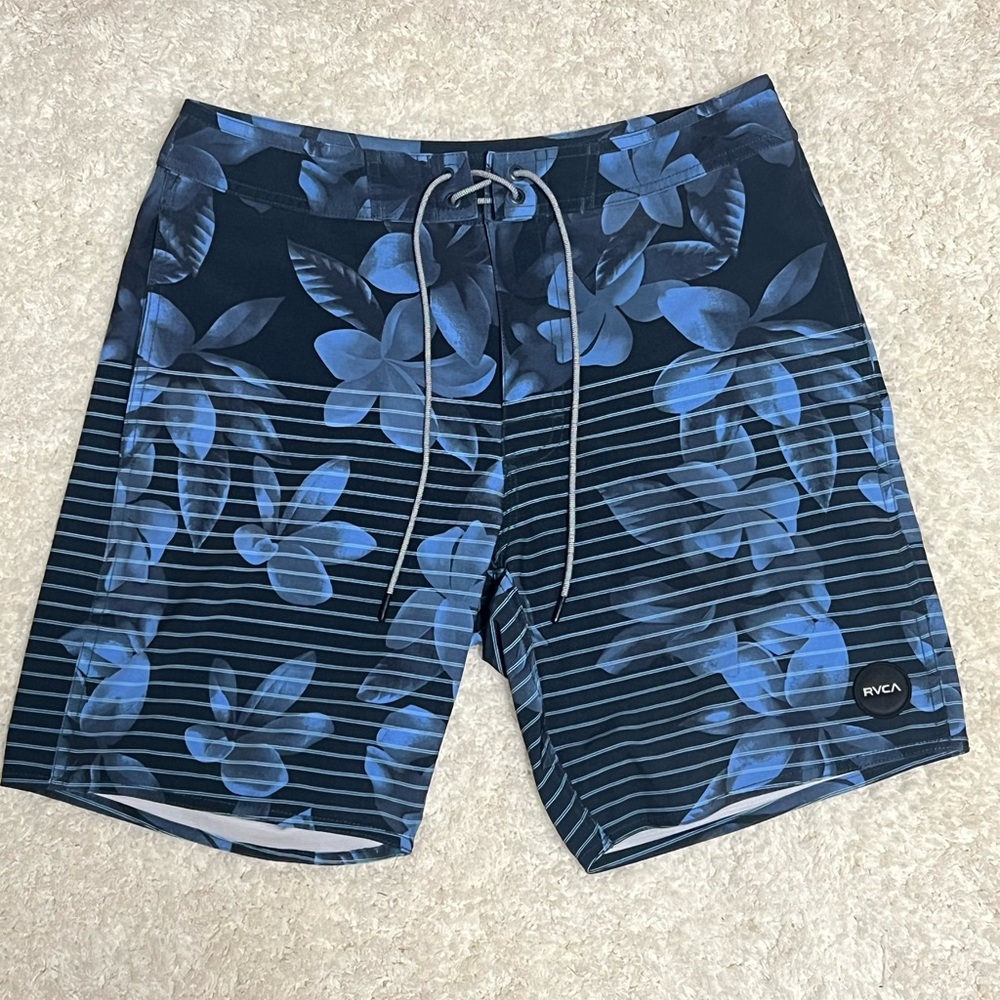 RVCA Size 31 Special Edition Curren Caples Blue Black Board Shorts Floral Stripe